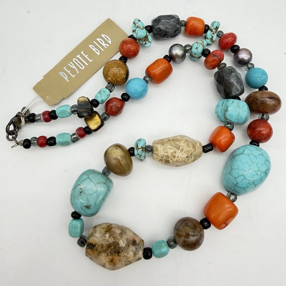 Vtg PEYOTE BIRD Sterling Silver Turqoise Necklace Multi Gem‎ Stone Boho Giftable